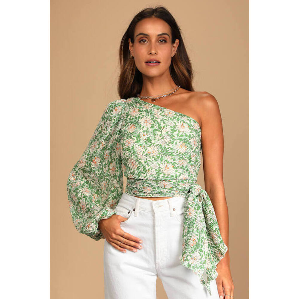 Lulus Grow Toward Love Green Floral Print Pleated One-shoulder Top - Size S